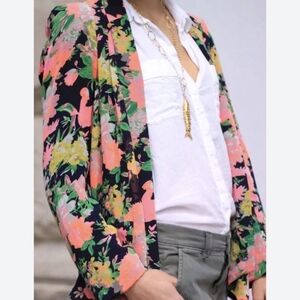 Anthropologie Cartonnier Black Pink & Green Floral Open-Front Blazer Jacket Med